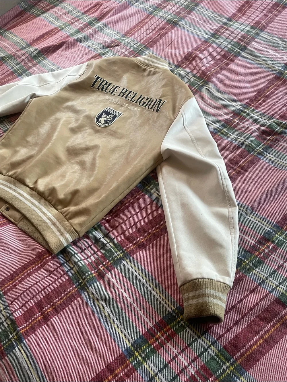 True Religion Tan and White Varsity Jacket